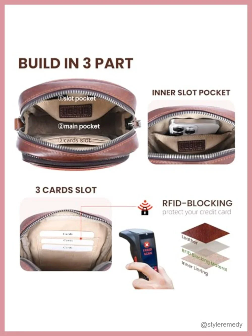 Genuine Leather RFID Crossbody Bag for Women Anti-Theft 2 Straps Adjustable
